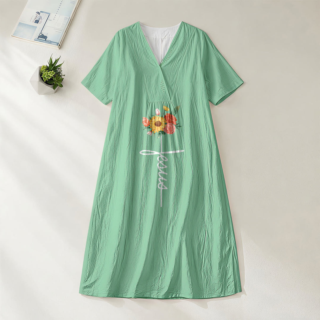 Christianartworkshop Jesus Script Cross & Sunflower Floral V-Neck Short Sleeve Midi Dress - Green - 4XL - image 4