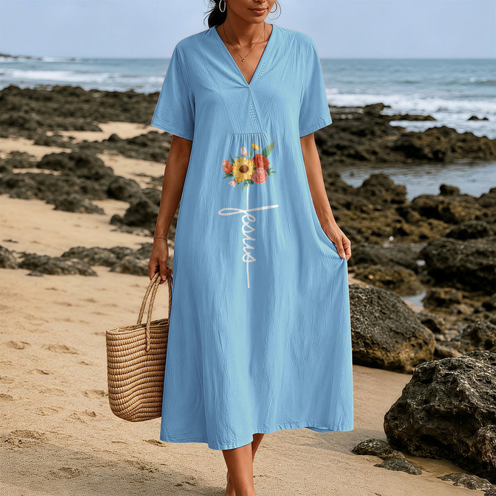 Christianartworkshop Jesus Script Cross & Sunflower Floral V-Neck Short Sleeve Midi Dress - image 3