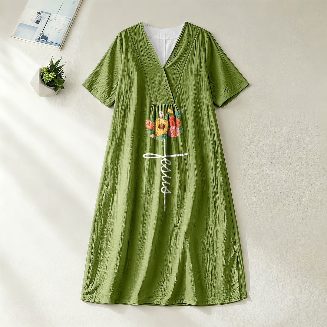 Christianartworkshop Jesus Script Cross & Sunflower Floral V-Neck Short Sleeve Midi Dress - Olive Green - 4XL - image 10