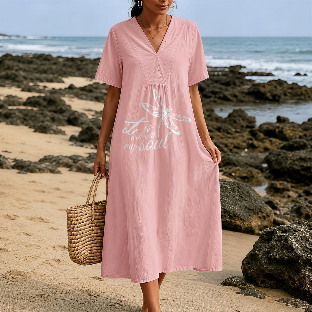Christianartworkshop Summer Beach Faith Verse Dragonfly V-Neck Short Sleeve Midi Dress - image 9