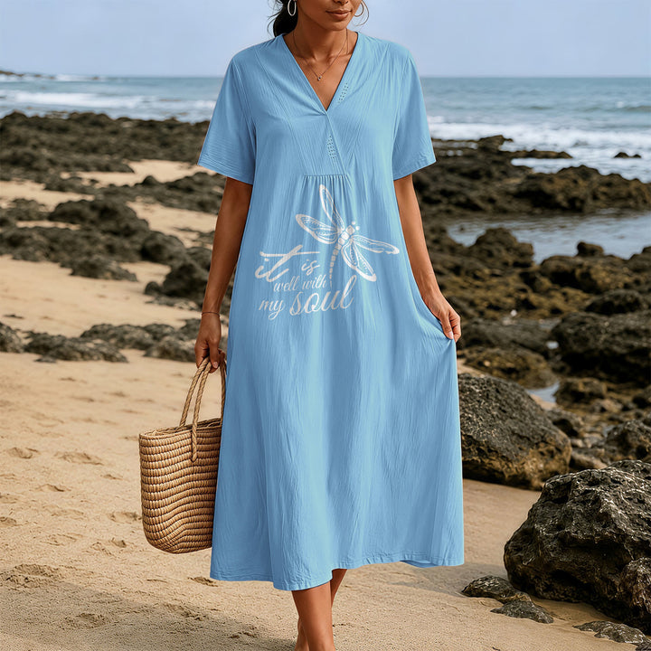 Christianartworkshop Summer Beach Faith Verse Dragonfly V-Neck Short Sleeve Midi Dress - image 5