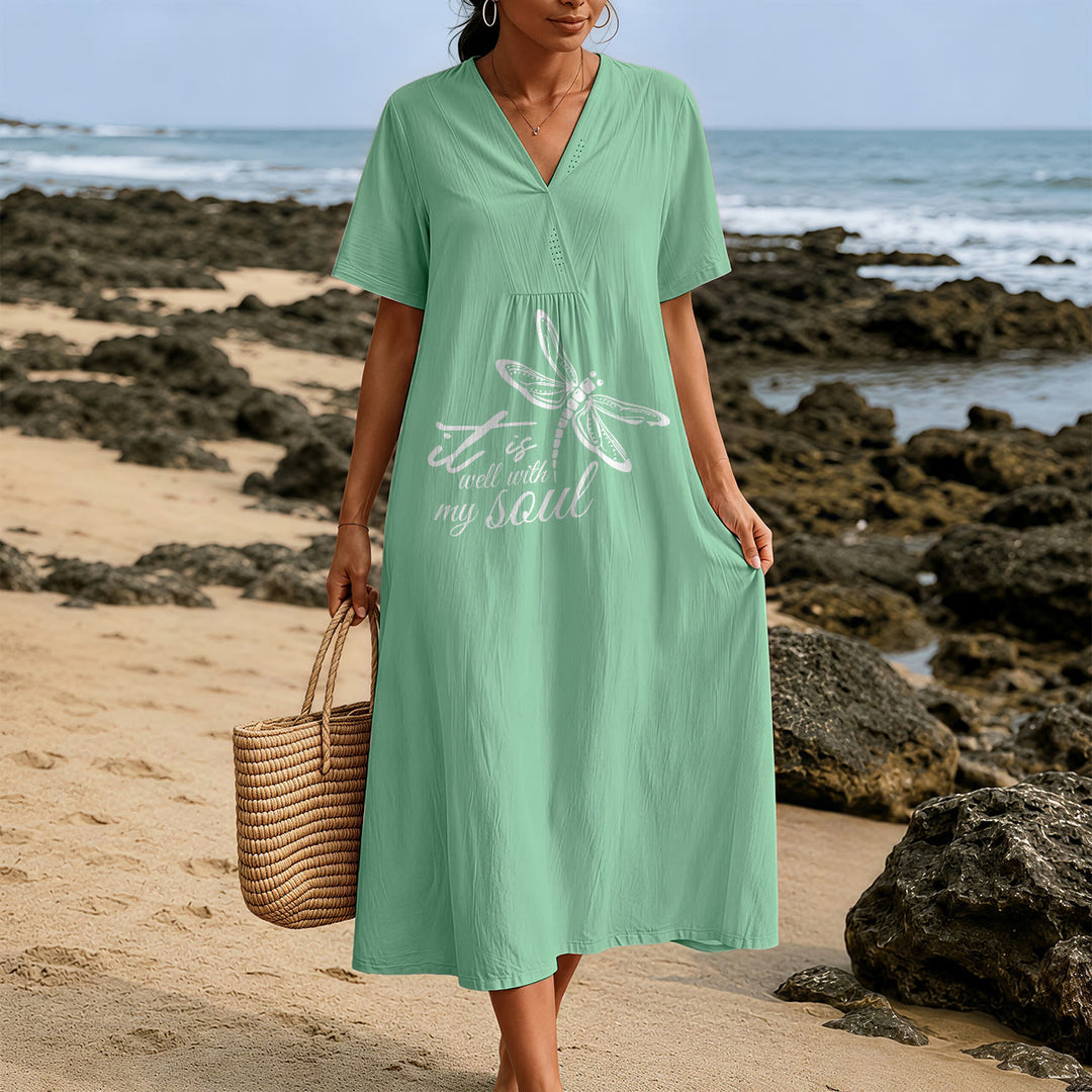 Christianartworkshop Summer Beach Faith Verse Dragonfly V-Neck Short Sleeve Midi Dress - image 1