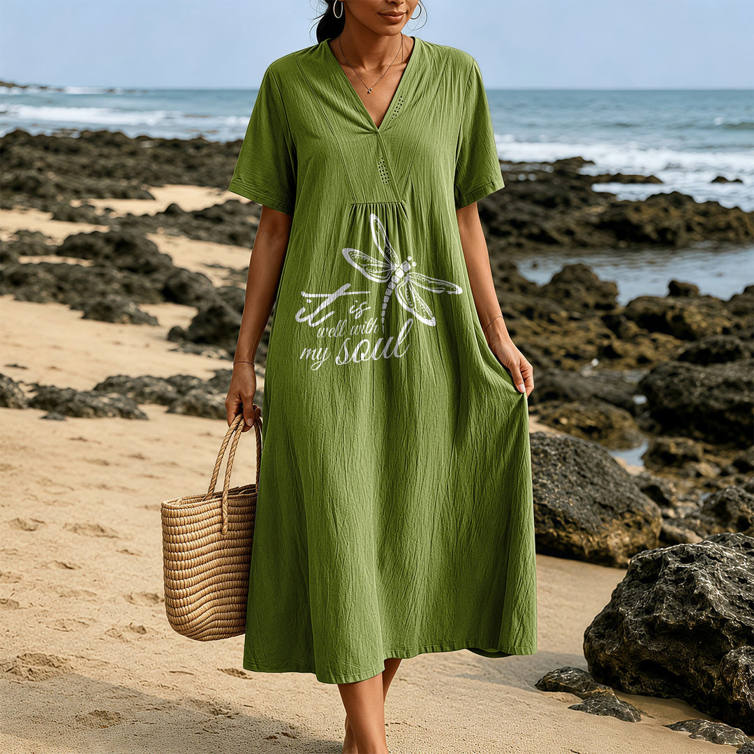 Christianartworkshop Summer Beach Faith Verse Dragonfly V-Neck Short Sleeve Midi Dress - image 11