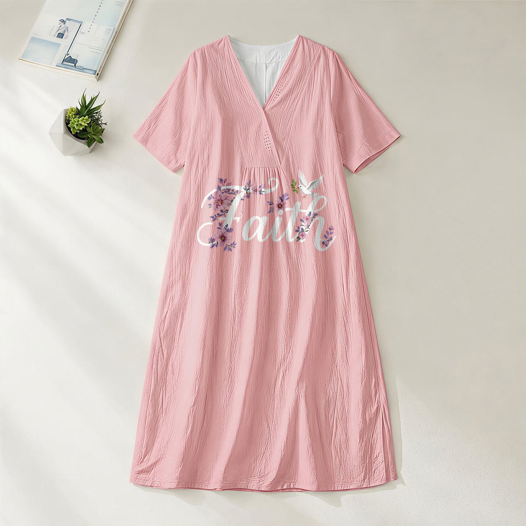 Christianartworkshop Faith Script White Dove & Blossom Print V-Neck Beach Midi Dress - Pink - 4XL - image 0