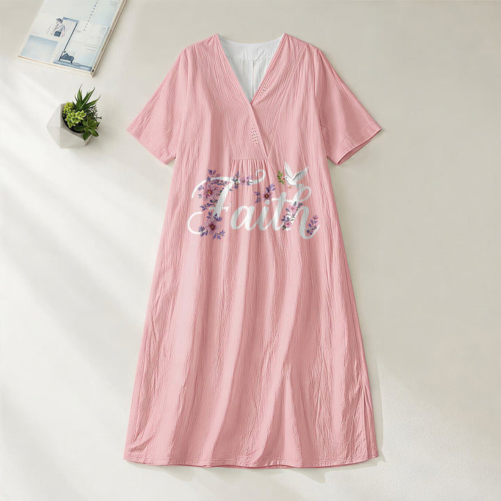 Christianartworkshop Faith Script White Dove & Blossom Print V-Neck Beach Midi Dress - Pink - 4XL - image 0