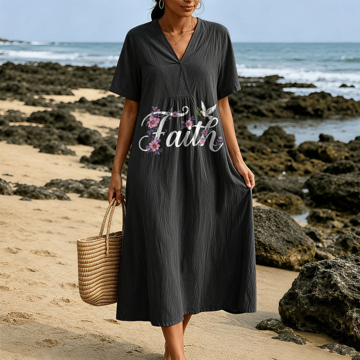 Christianartworkshop Faith Script White Dove & Blossom Print V-Neck Beach Midi Dress - image 5