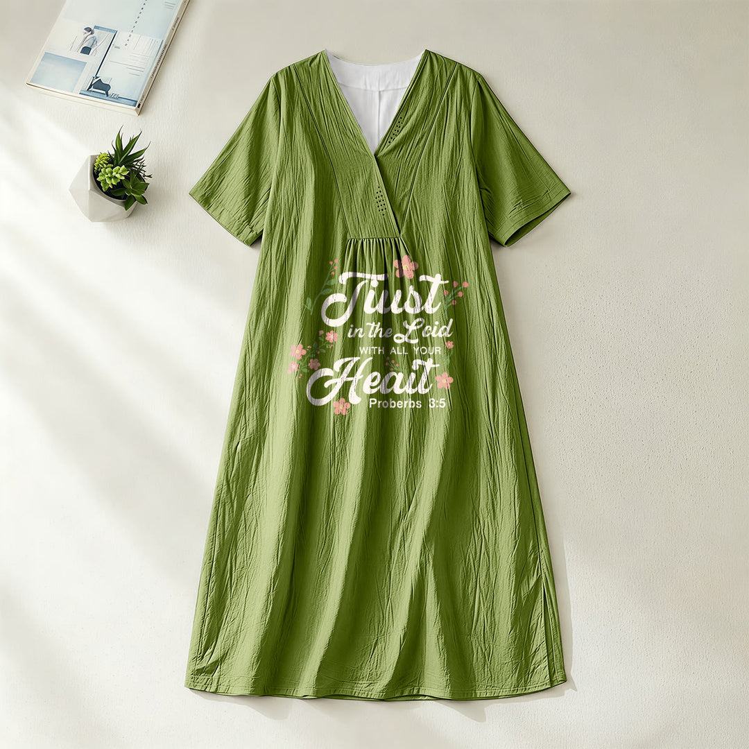 Christianartworkshop Trust In The Lord With All Your Heart Proverbs 3:5 Floral V-Neck Midi Dress - Olive Green - 4XL - image 0