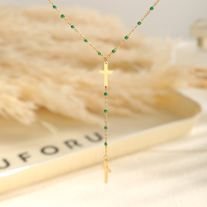 Christianartworkshop Layered Cross Drop Necklace: Embodying Steadfast Grace and Heavenly Blessing - Dark Green - image 12