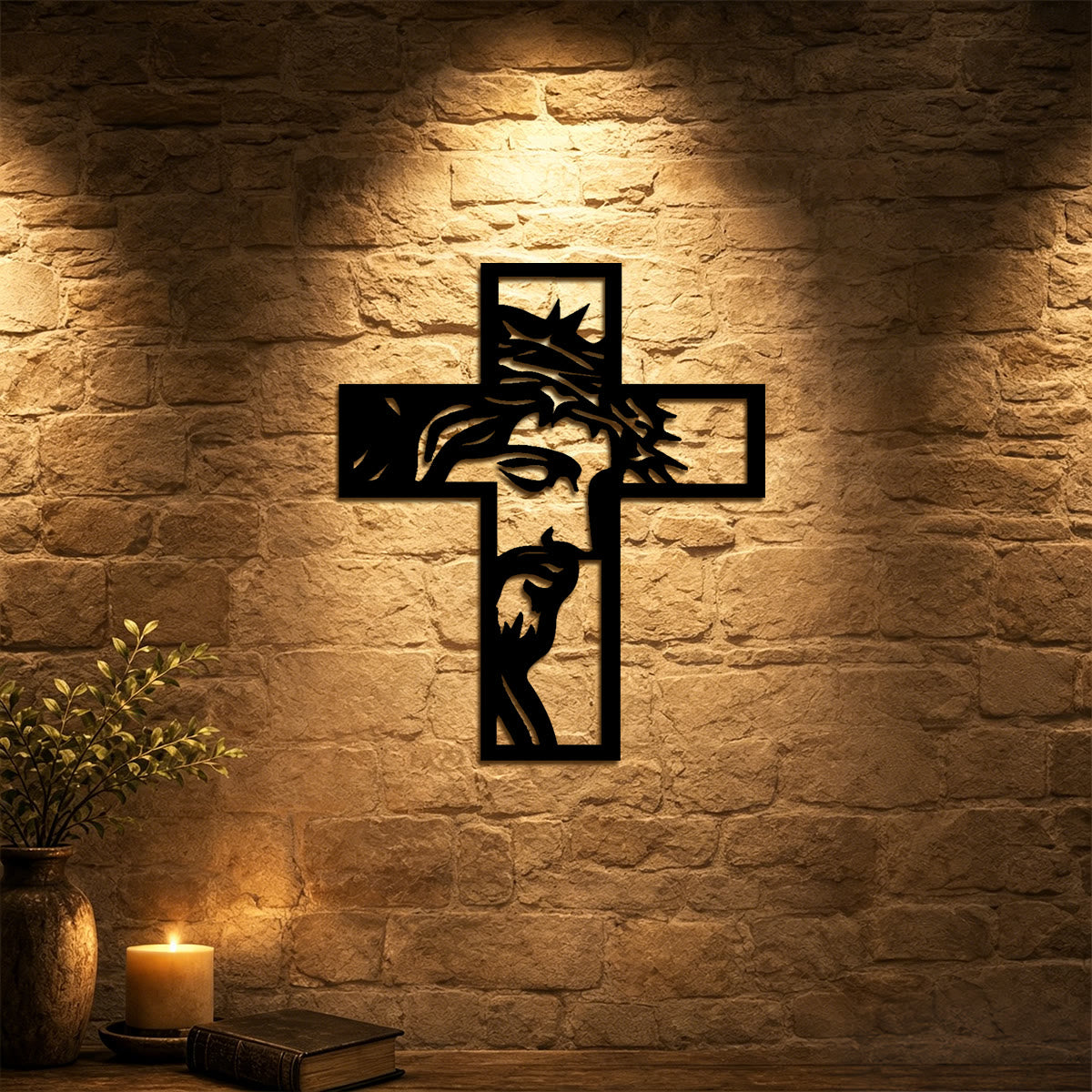 Thorn-Crowned Contemplative Jesus Cross Metal Wall Decor - Laser