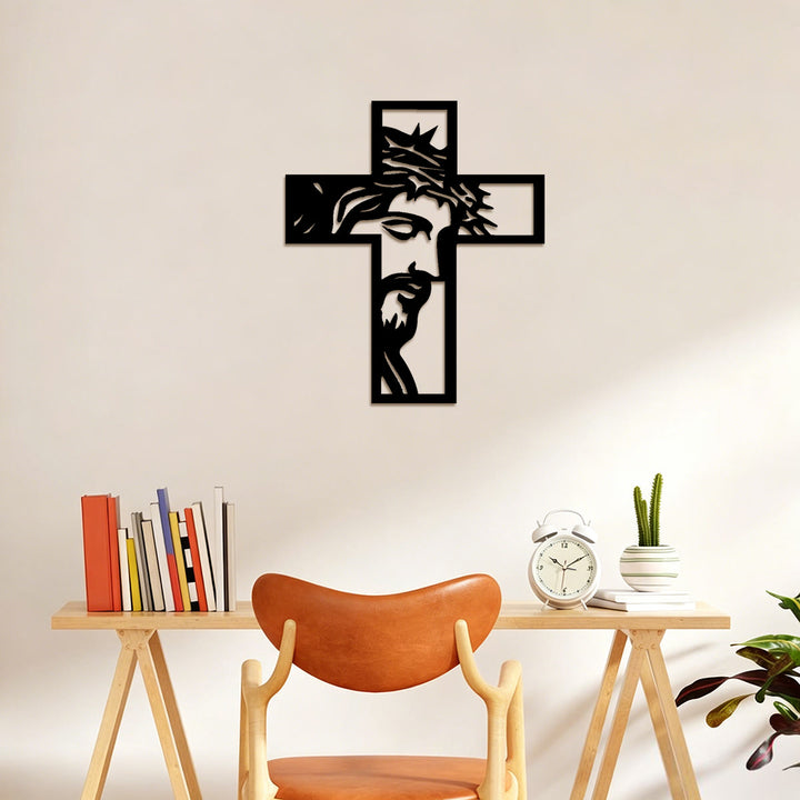 Christianartworkshop Thorn-Crowned Contemplative Jesus Cross Metal Wall Decor: Emblem of Sacrifice and Mercy - image 3