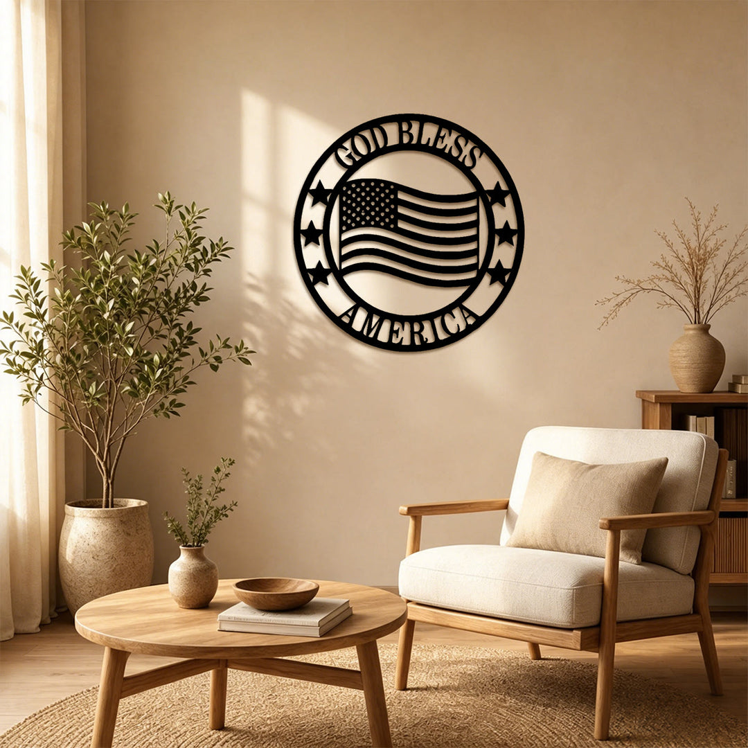 Christianartworkshop Circular God Bless America Flag Metal Wall Decor: Emblem of Blessing and National Pride - image 1