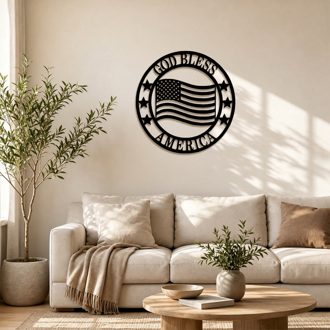 Christianartworkshop Circular God Bless America Flag Metal Wall Decor: Emblem of Blessing and National Pride - image 2