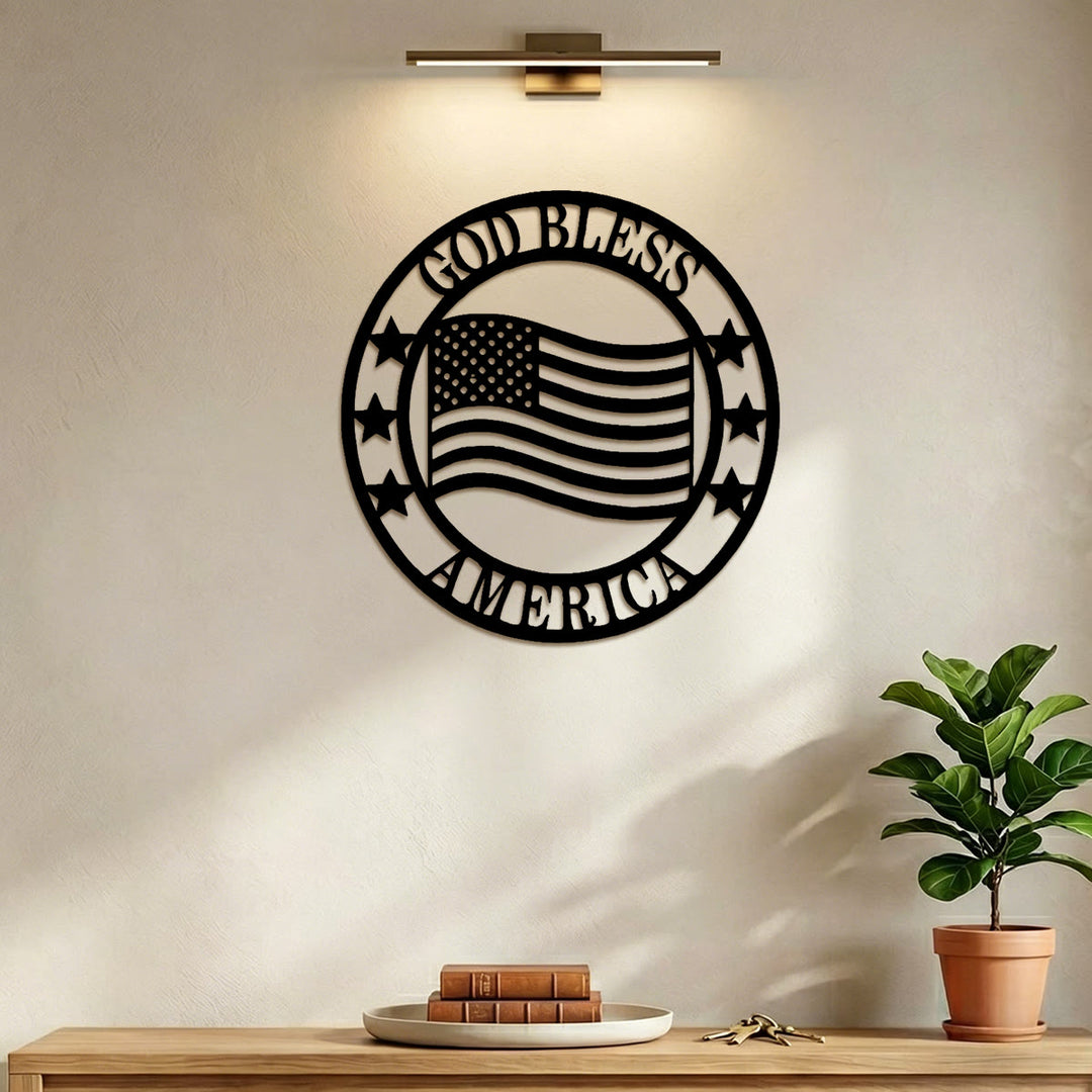 Christianartworkshop Circular God Bless America Flag Metal Wall Decor: Emblem of Blessing and National Pride - image 3