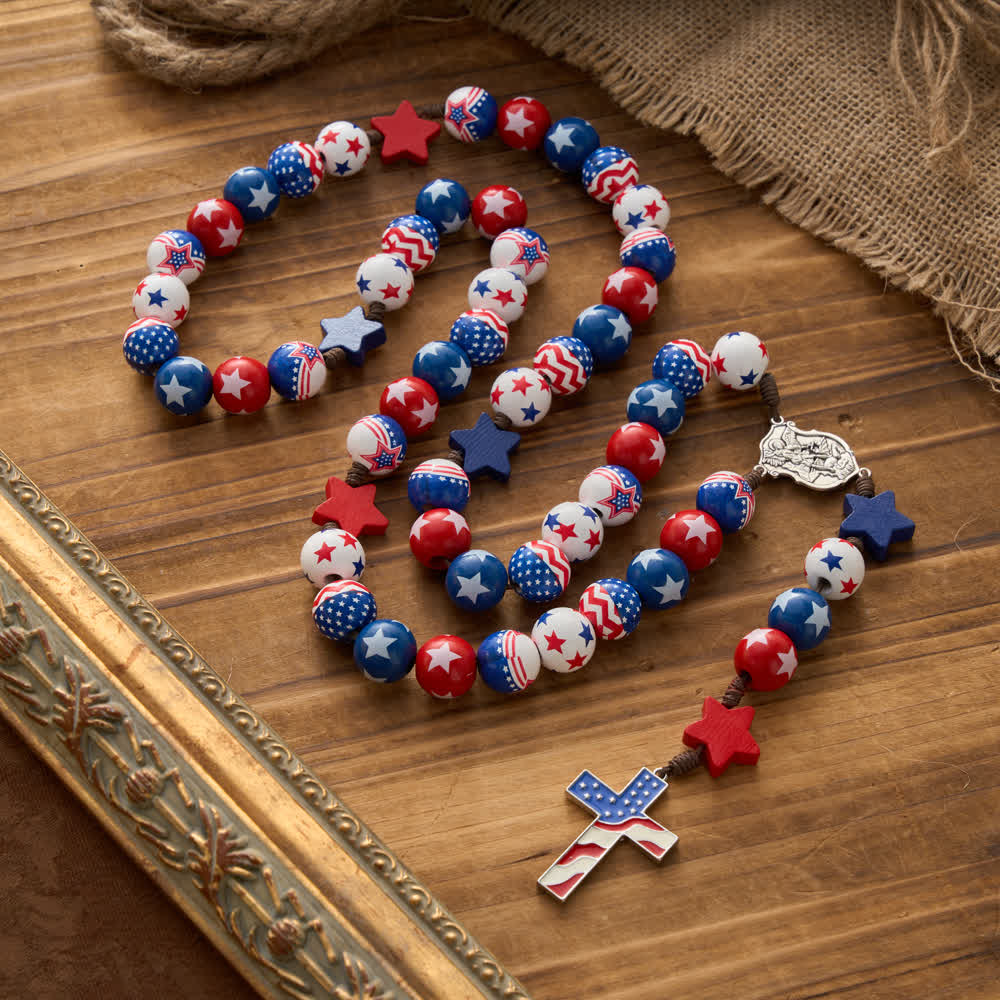 FREE Today: Two-Style Patriotic American Flag Cross Rosary with Red White Blue Stars & Stripes Beads - Style A - image 0