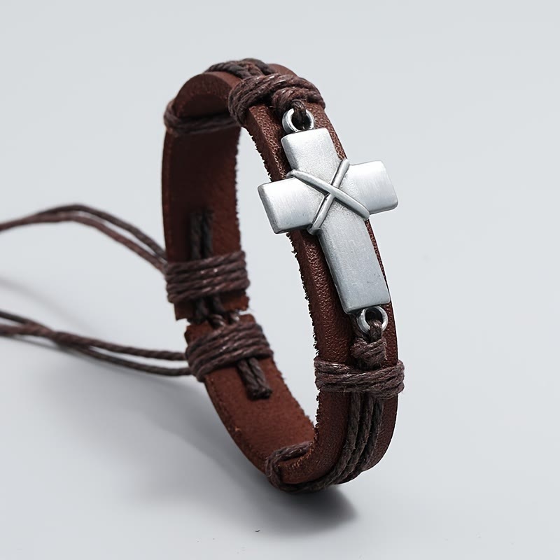 Christianartworkshop Vintage Leather Cord Woven Metal Cross Adjustable Bracelet: A Symbol of Steadfast Faith - Brown - image 0