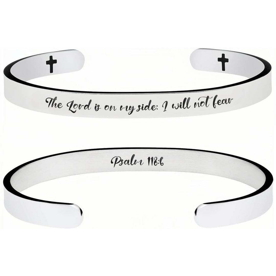 Christianartworkshop Open Cuff Stainless Steel Bible Verse Engraved Bracelet with Tiny Crosses: A Symbol of Firm Faith - Psalm 118:6 - image 4