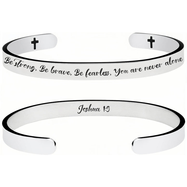 Christianartworkshop Open Cuff Stainless Steel Bible Verse Engraved Bracelet with Tiny Crosses: A Symbol of Firm Faith - Joshua 1:9 - image 5