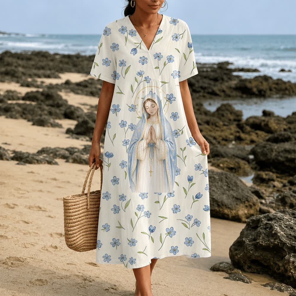 Christianartworkshop Soft Watercolor Our Lady Floral V-Neck Short Sleeve Midi Dress - 4XL - image 0