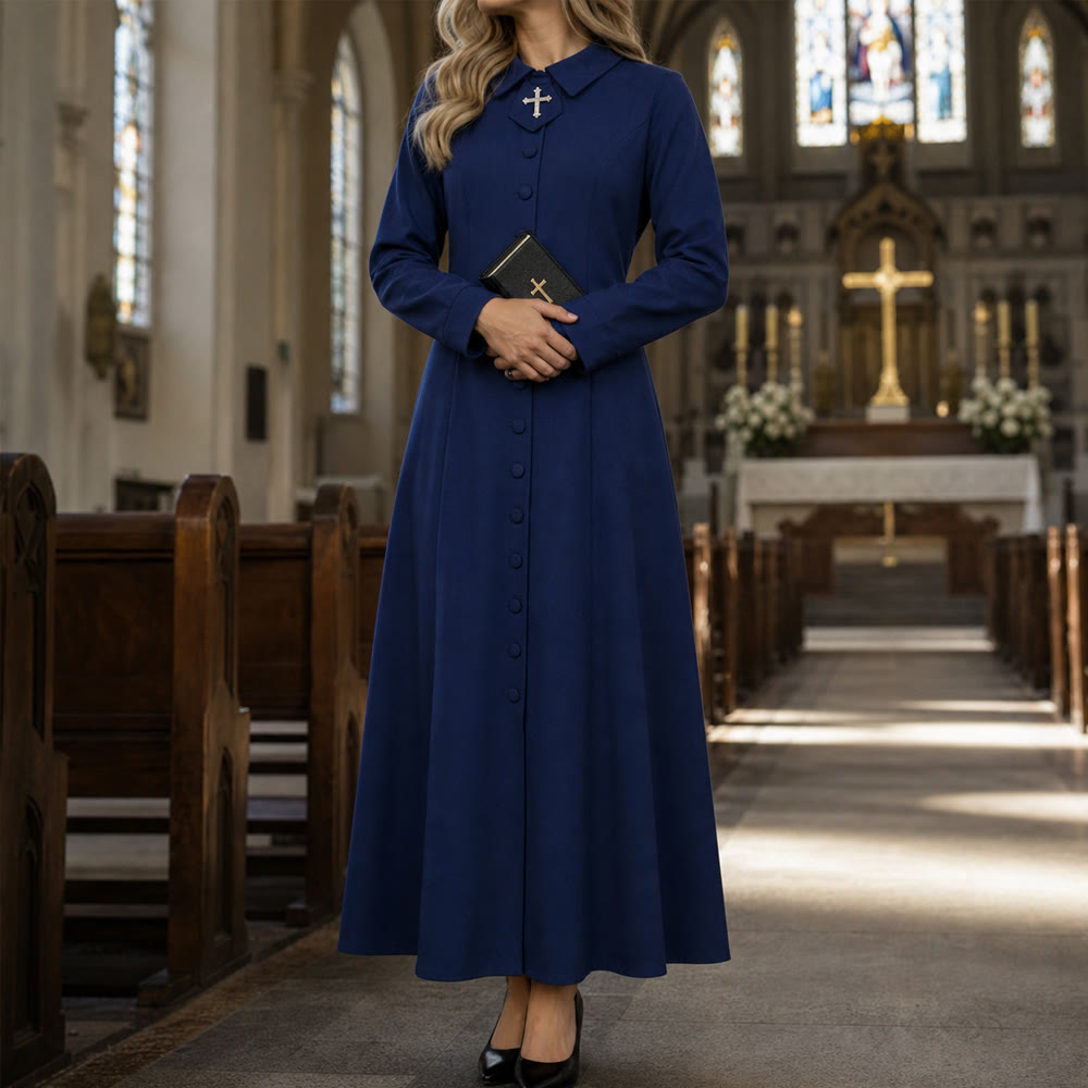 Christianartworkshop Women's Pastor Robe With Collar Cross Motif And Feminine Silhouette Women's Clergy Robe - image 9