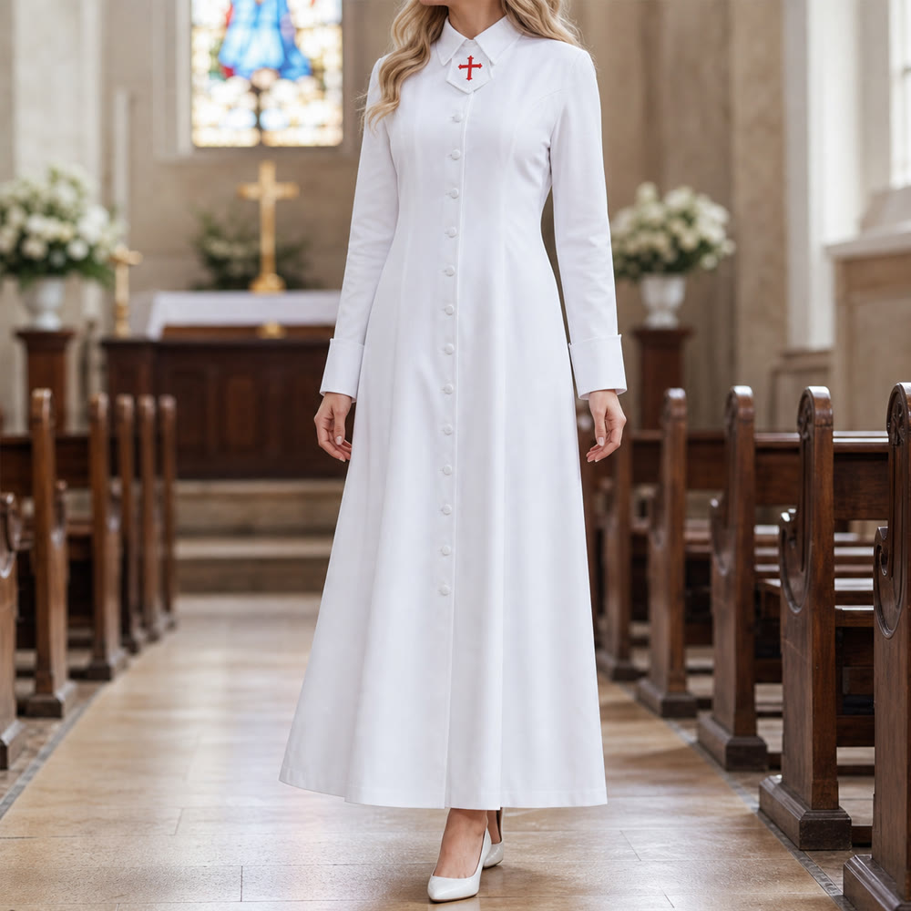 Christianartworkshop Women's Pastor Robe With Collar Cross Motif And F – Christian Art Workshop