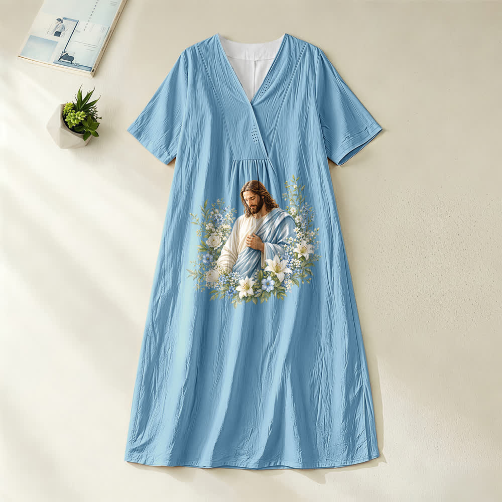 Christianartworkshop Jesus Floral Wreath Watercolor V-Neck Short Sleeve Midi Dress - Blue - 4XL - image 0