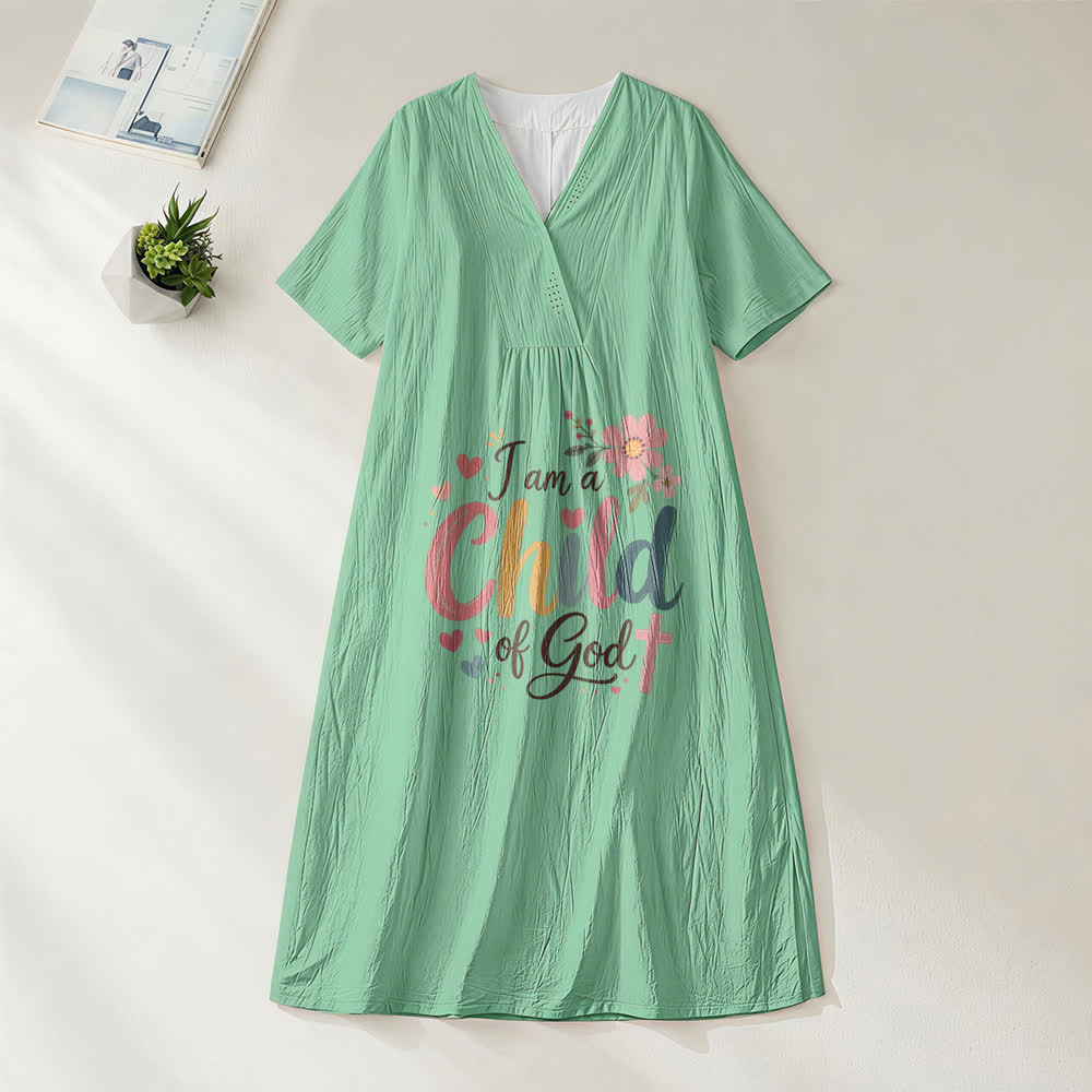 Christianartworkshop I Am a Child of God Floral & Heart V-Neck Short Sleeve Midi Dress - Green - 4XL - image 8