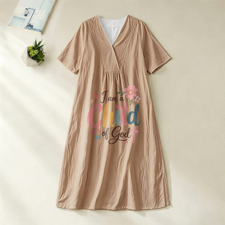 Christianartworkshop I Am a Child of God Floral & Heart V-Neck Short Sleeve Midi Dress - Khaki - 4XL - image 6