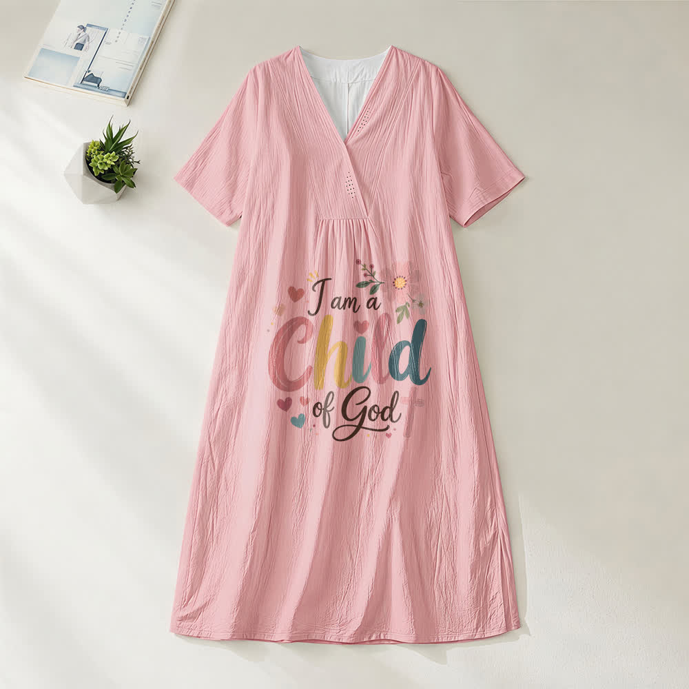 Christianartworkshop I Am a Child of God Floral & Heart V-Neck Short Sleeve Midi Dress - Pink - 4XL - image 2