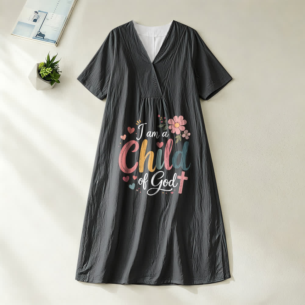 Christianartworkshop I Am a Child of God Floral & Heart V-Neck Short Sleeve Midi Dress - Black - 4XL - image 0