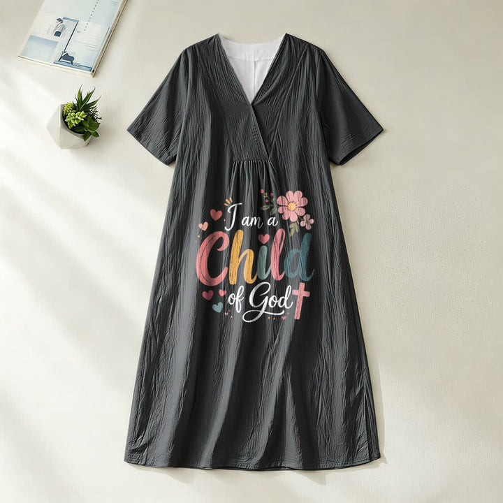 Christianartworkshop I Am a Child of God Floral & Heart V-Neck Short Sleeve Midi Dress - Black - 4XL - image 0