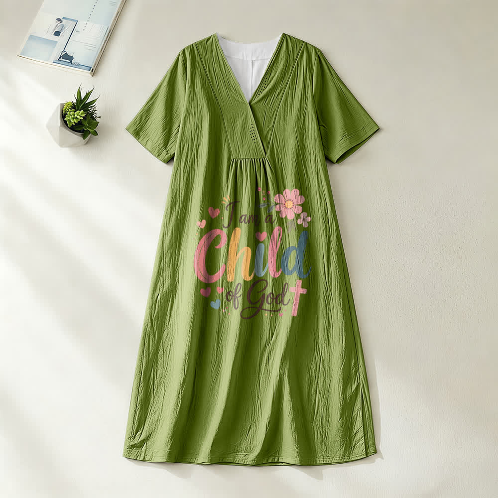 Christianartworkshop I Am a Child of God Floral & Heart V-Neck Short Sleeve Midi Dress - Olive Green - 4XL - image 11