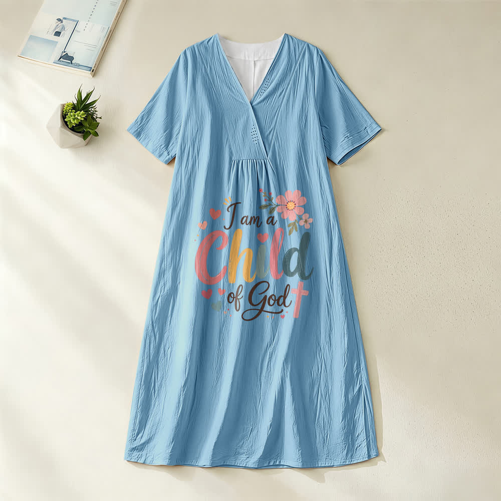 Christianartworkshop I Am a Child of God Floral & Heart V-Neck Short Sleeve Midi Dress - Blue - 4XL - image 4