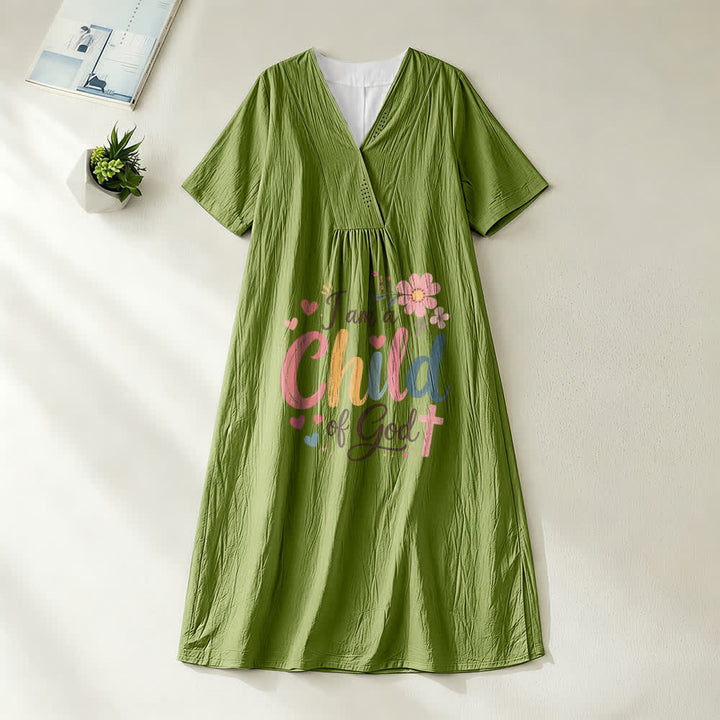 Christianartworkshop I Am a Child of God Floral & Heart V-Neck Short Sleeve Midi Dress - Olive Green - 4XL - image 10