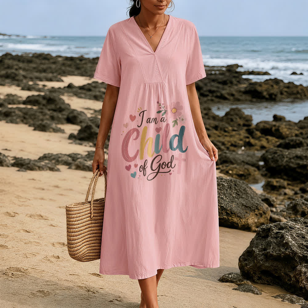 Christianartworkshop I Am a Child of God Floral & Heart V-Neck Short Sleeve Midi Dress - image 3