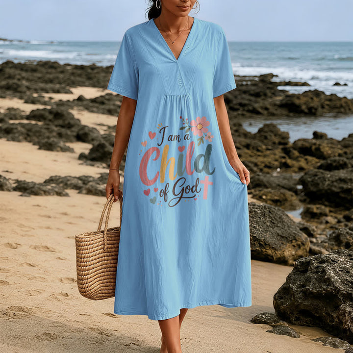 Christianartworkshop I Am a Child of God Floral & Heart V-Neck Short Sleeve Midi Dress - image 5