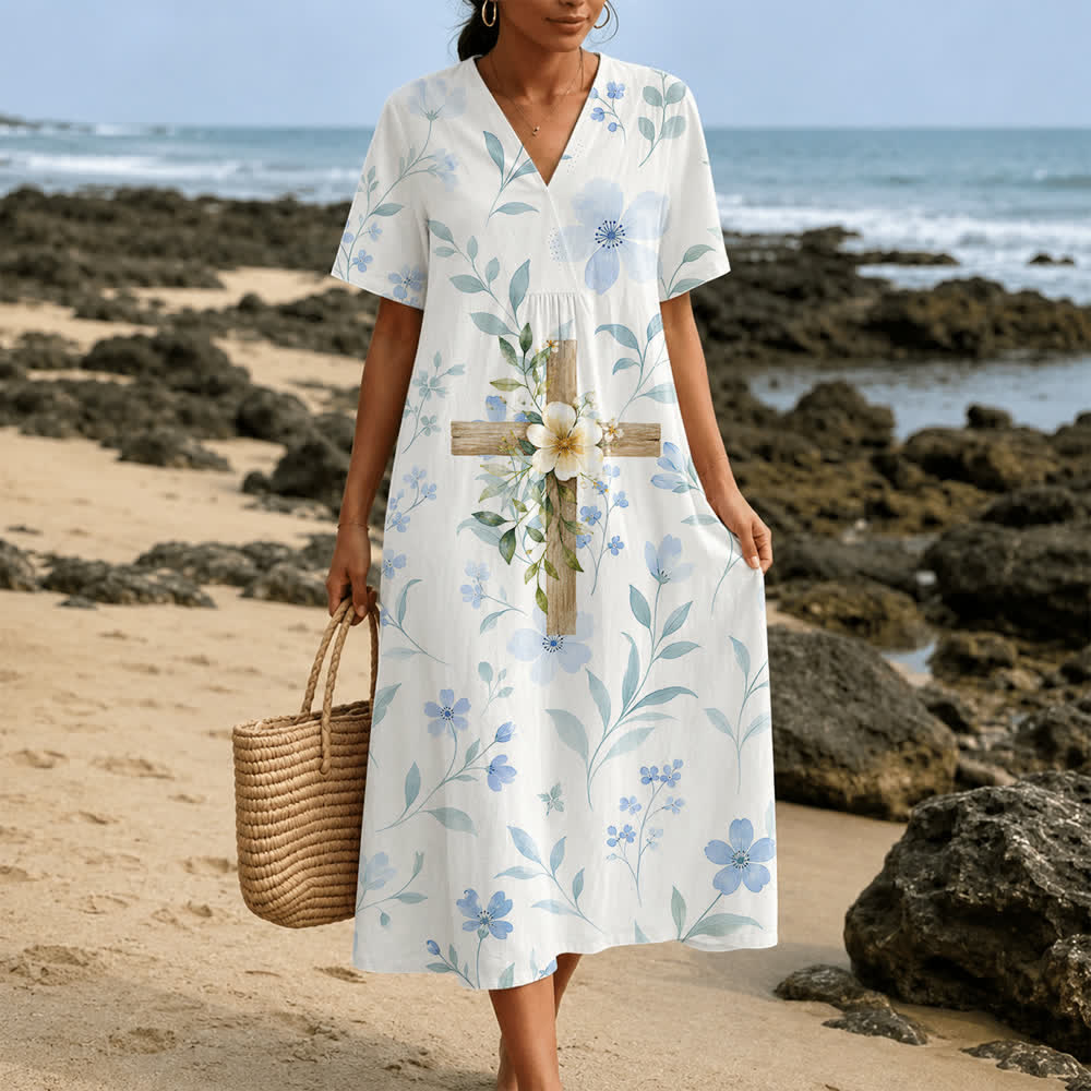 Christianartworkshop Floral Wood Cross Watercolor V-Neck Short Sleeve Midi Dress - 4XL - image 0