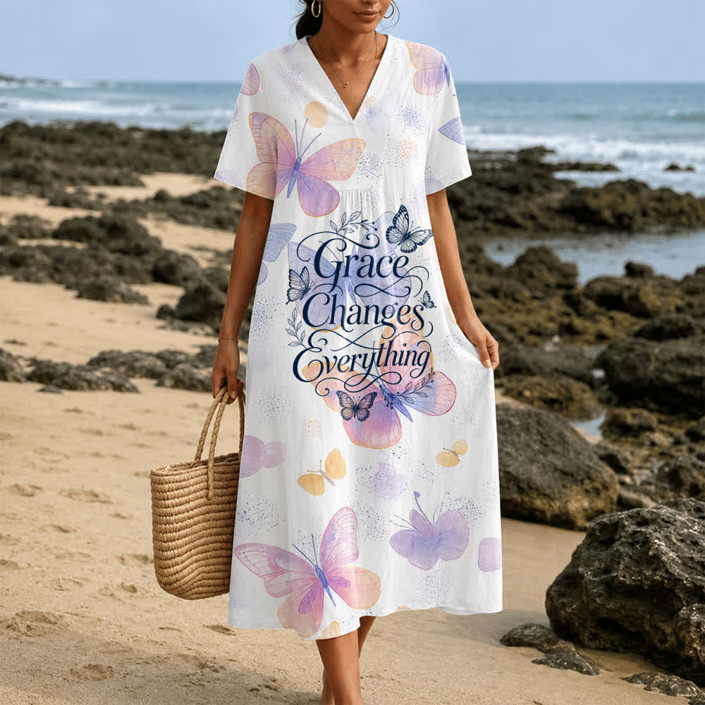 Christianartworkshop Grace Changes Everything Pastel Butterfly V-Neck Short Sleeve Midi Dress - 4XL - image 0