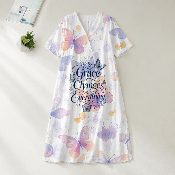 Christianartworkshop Grace Changes Everything Pastel Butterfly V-Neck Short Sleeve Midi Dress - image 1