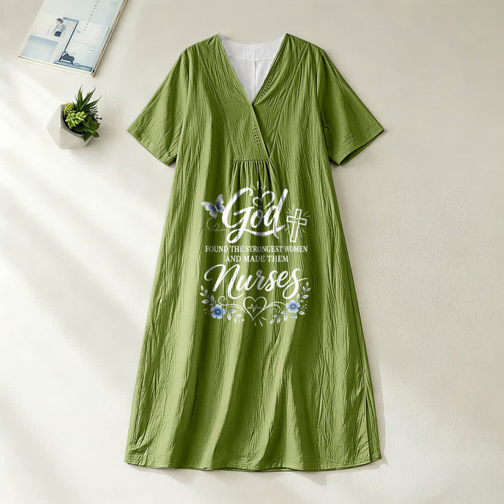 Christianartworkshop God Found the Strongest Women and Made Them Nurses Inspirational V-Neck Short Sleeve Midi Dress - Olive Green - 4XL - image 10