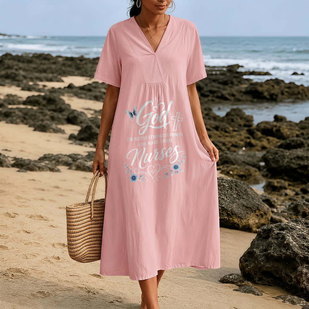 Christianartworkshop God Found the Strongest Women and Made Them Nurses Inspirational V-Neck Short Sleeve Midi Dress - image 3
