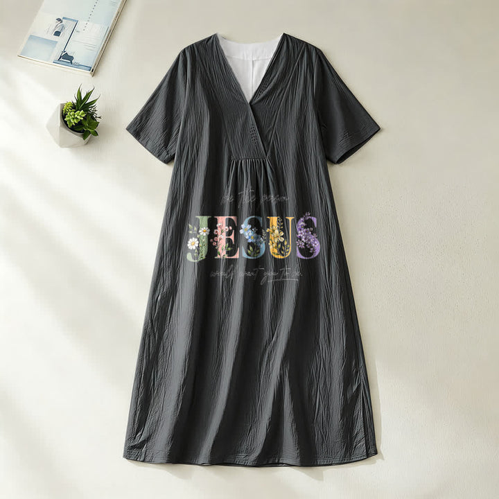 Christianartworkshop Be the Person Jesus Would Want You to Be Floral Jesus V-Neck Short Sleeve Midi Dress - Black - 4XL - image 8