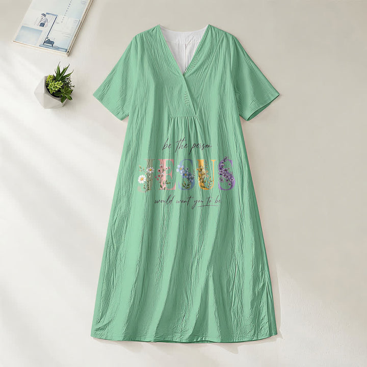 Christianartworkshop Be the Person Jesus Would Want You to Be Floral Jesus V-Neck Short Sleeve Midi Dress - Green - 4XL - image 4