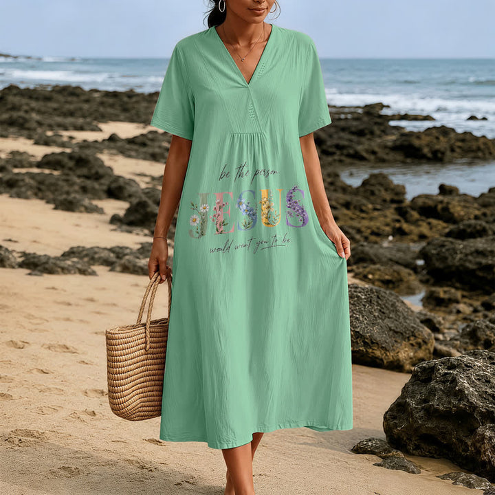 Christianartworkshop Be the Person Jesus Would Want You to Be Floral Jesus V-Neck Short Sleeve Midi Dress - image 5