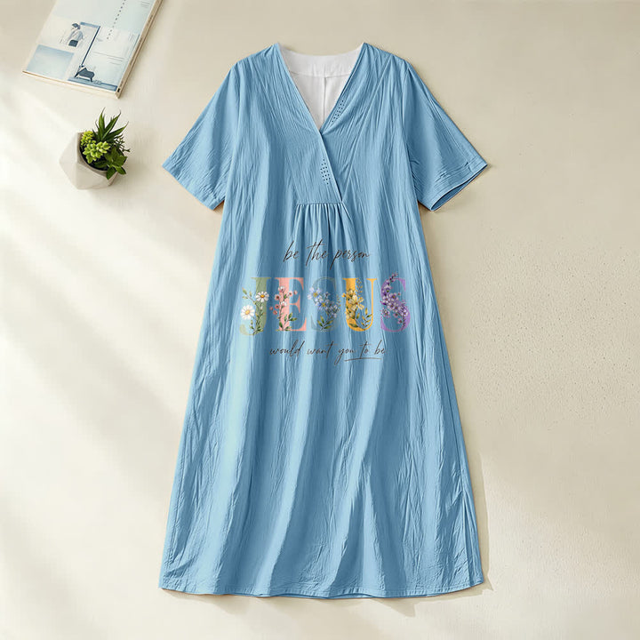 Christianartworkshop Be the Person Jesus Would Want You to Be Floral Jesus V-Neck Short Sleeve Midi Dress - Blue - 4XL - image 0