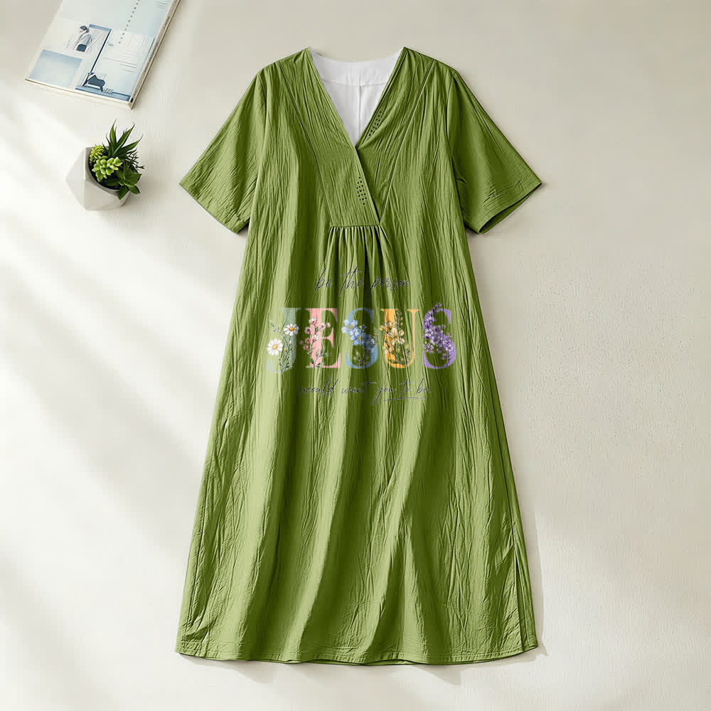 Christianartworkshop Be the Person Jesus Would Want You to Be Floral Jesus V-Neck Short Sleeve Midi Dress - Olive Green - 4XL - image 10
