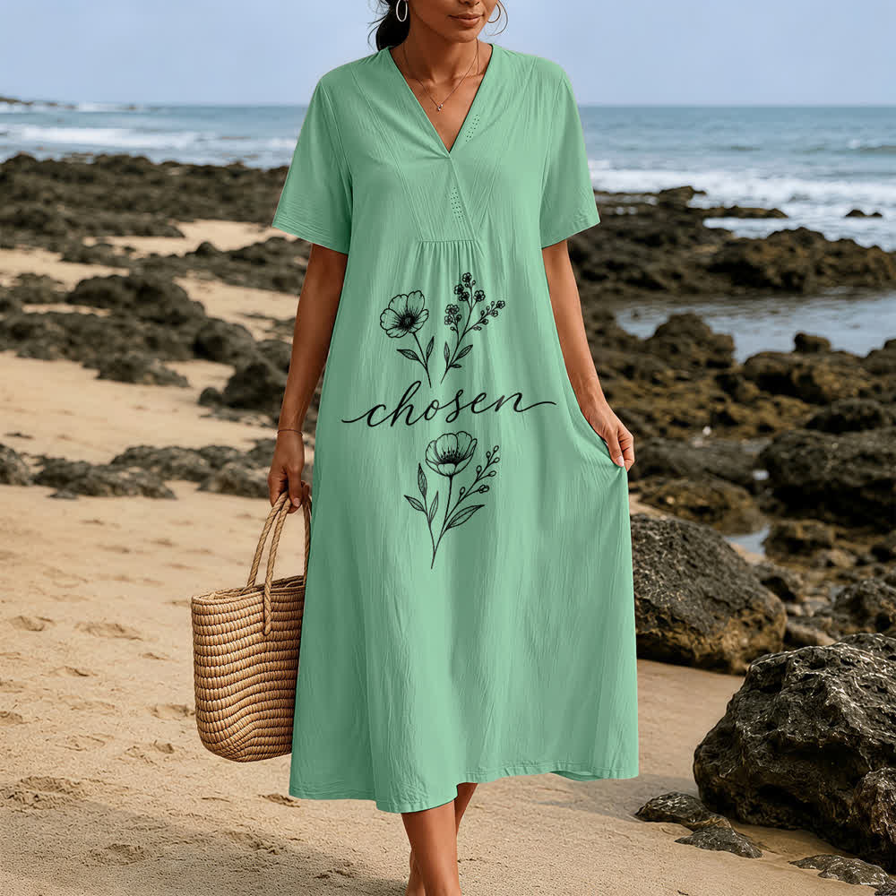 Christianartworkshop Inspirational Chosen Floral Accent V-Neck Short Sleeve Midi Dress - image 5