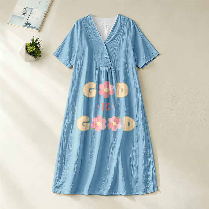 Christianartworkshop Devotional “God Is Good” Floral Statement V-Neck Short Sleeve Midi Dress - Blue - 4XL - image 4