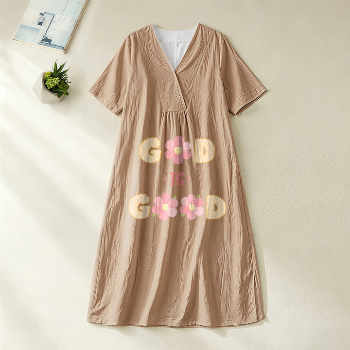 Christianartworkshop Devotional “God Is Good” Floral Statement V-Neck Short Sleeve Midi Dress - Khaki - 4XL - image 2