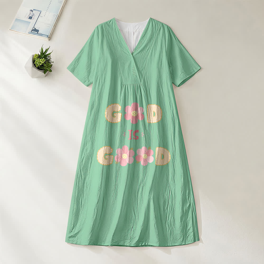 Christianartworkshop Devotional “God Is Good” Floral Statement V-Neck Short Sleeve Midi Dress - Green - 4XL - image 6