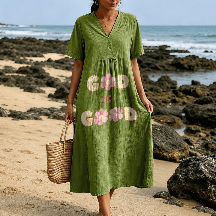 Christianartworkshop Devotional “God Is Good” Floral Statement V-Neck Short Sleeve Midi Dress - image 11